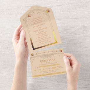 Celestial Champagen Gold Sun Moon Stars Wedding All In One Invitation