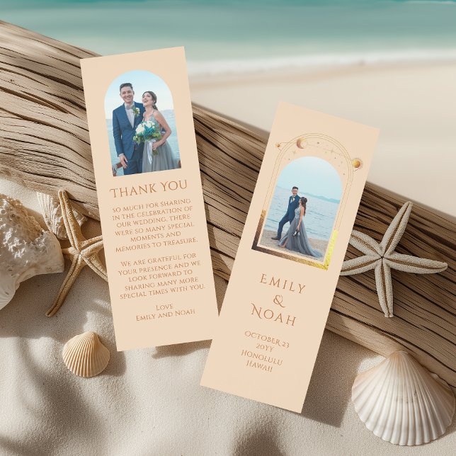 Celestial Champagne Gold Photo Wedding Thank You Bookmarks (Creator Uploaded)
