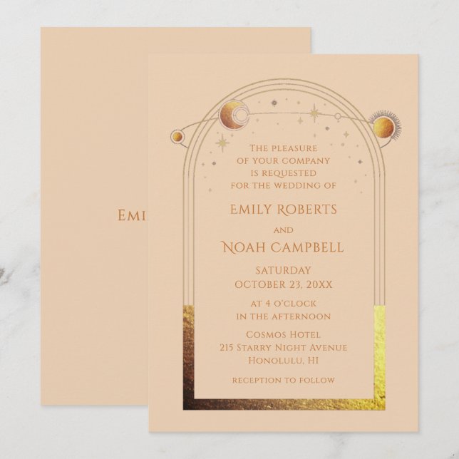 Celestial Champagne Gold Sun Moon Stars Wedding Invitation (Front/Back)