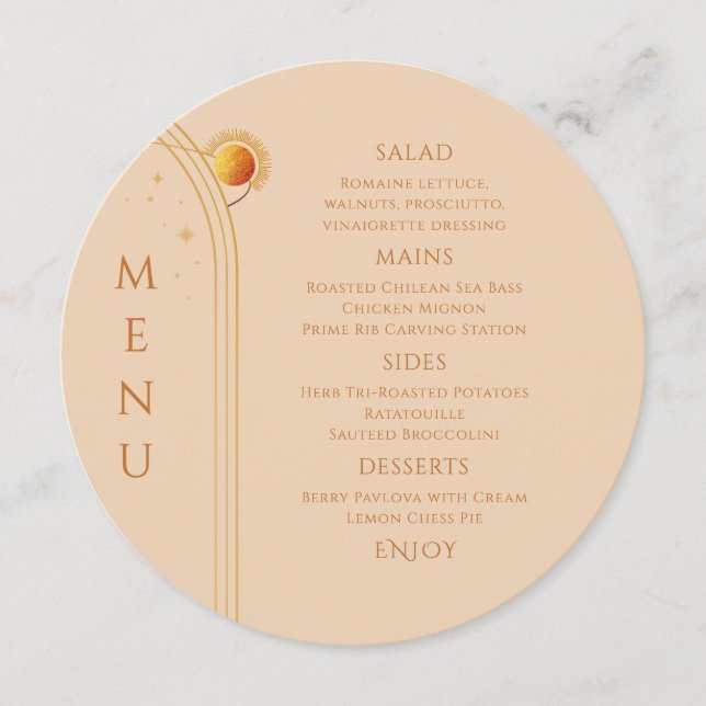Celestial Champagne Gold Sun Moon Stars Wedding Menu (Front)
