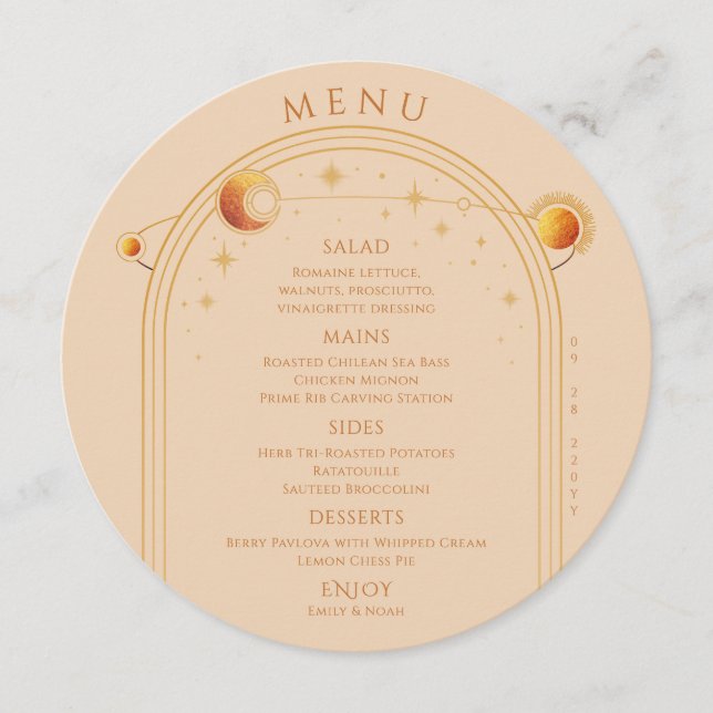 Celestial Champagne Gold Sun Moon Stars Wedding Menu (Front)