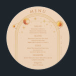Celestial Champagne Gold Sun Moon Stars Wedding Menu<br><div class="desc">Celestial Champagne Gold Sun Moon Stars Mystical Wedding Menu Cards features a golden sun, moon and stars frame on a champagne background with your menu details in the center in modern gold calligraphy script. Personalize by editing the text in the text boxes provided. Designed for you by ©2024 Evco Studio...</div>