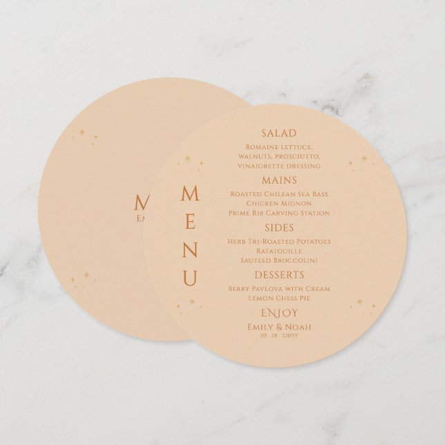 Celestial Champagne Gold Sun Moon Stars Wedding Menu (Front/Back)