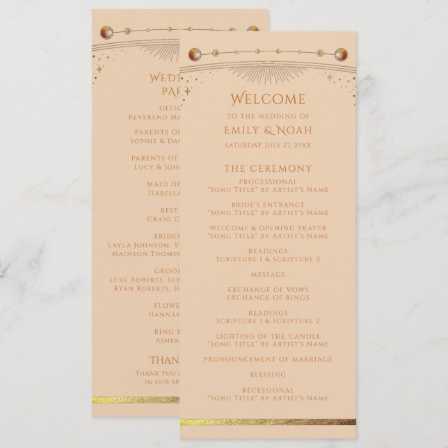 Celestial Champagne Gold Sun Moon Stars Wedding Program (Front/Back)