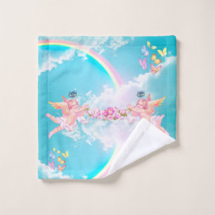 celestial, cherub, angel, rainbow, cloud, bathroom wash cloth
