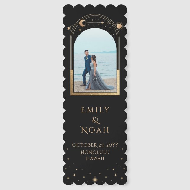Celestial Chic Black Gold Photo Wedding Thank You Bookmarks (Front)