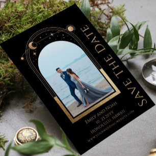 Celestial Chic Black Gold Sun Moon Stars Photo Save The Date