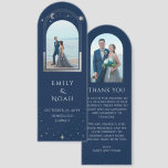 Celestial Chic Blue Silver Photo Wedding Thank You Bookmarks<br><div class="desc">Celestial Chic Blue Silver Photo Wedding Thank You Bookmark features the sun, moon and stars with a silver frame surrounding your favorite picture on a dark navy blue background. On the reverse add your custom thank you message and an additional image. A simple, elegant, budget friendly thank you for your...</div>