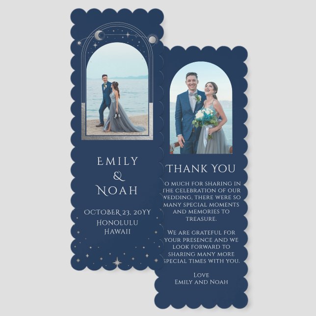 Celestial Chic Blue Silver Photo Wedding Thank You Bookmarks (Front & Back)