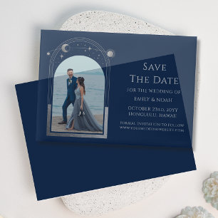 Celestial Chic Blue Silver Photo Wedding Vellum Invitations