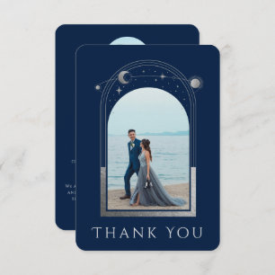 Celestial Chic Blue Silver Star Moon Photo Wedding Thank You Card