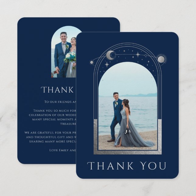 Celestial Chic Blue Silver Star Moon Photo Wedding Thank You Card (Front/Back)