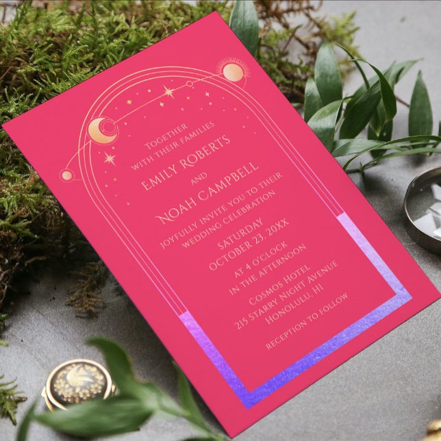 Celestial Chic Fuchsia Pink Star Moon Photo Space Invitation (Creator Uploaded)