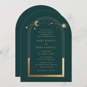 Celestial Chic Green Gold Sun Moon Stars Space Invitation