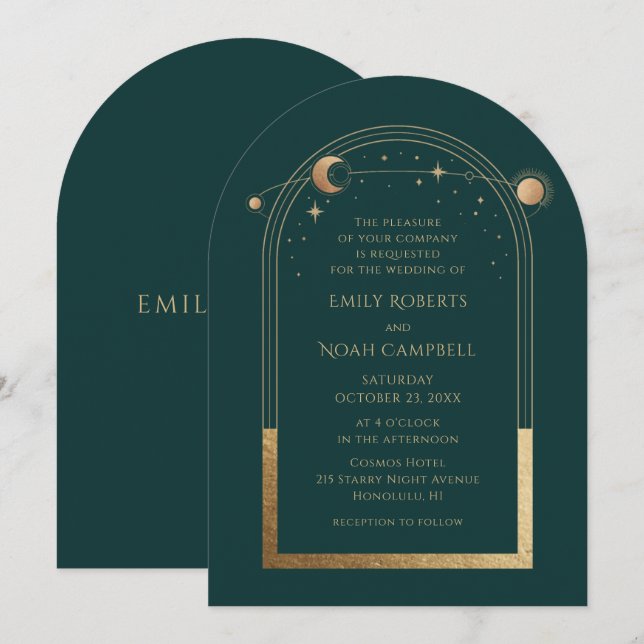 Celestial Chic Green Gold Sun Moon Stars Space Invitation (Front/Back)