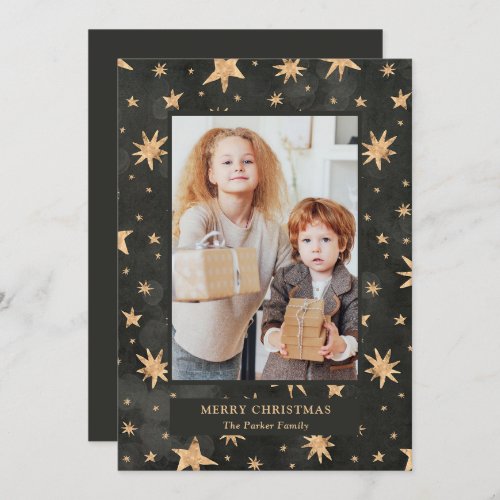 Celestial Christmas  Gold Stars on Black Photo Holiday Card