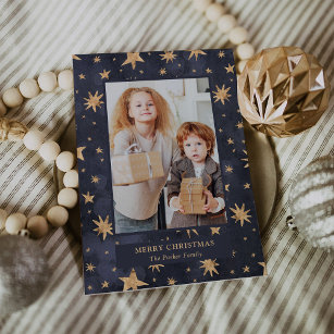 Celestial Christmas   Gold Stars on Blue Photo Holiday Card