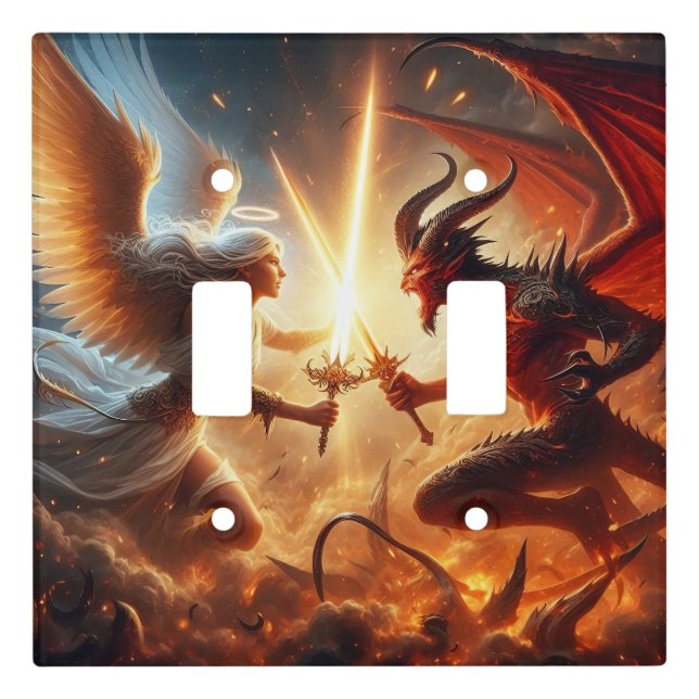 Celestial Clash: Red & Gold Light Switch Cover (Front)