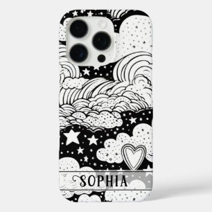 Celestial Clouds Stars Doodle Personalized iPhone 16 Pro Case