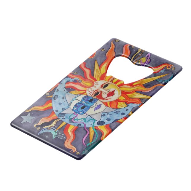 Celestial Comedy and Tragedy Credit Card Bottle Opener (Front Angled)