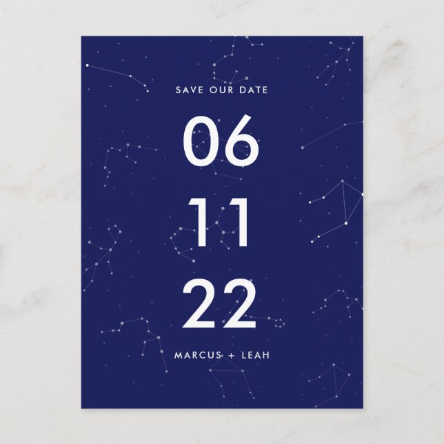Celestial Constellation Blue Stars Save the Date Postcard (Front)