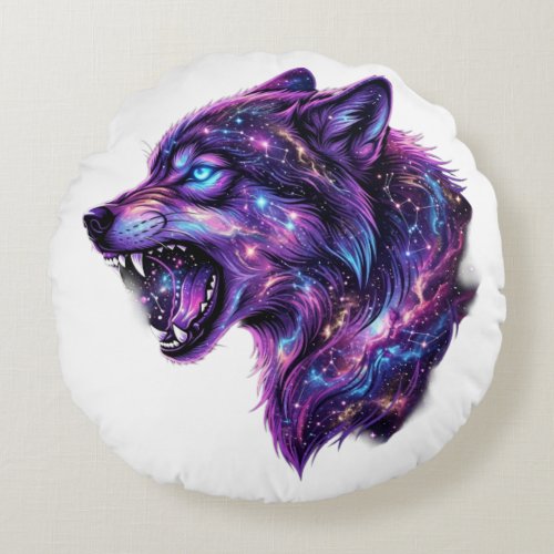 Celestial Cosmic Galaxy Wolf Roar Graphic T-Shirt Round Pillow