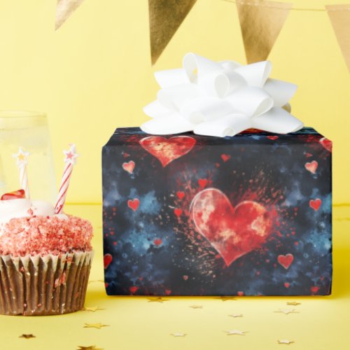 Celestial Cosmic Red Hearts Space Themed Galaxy Wrapping Paper