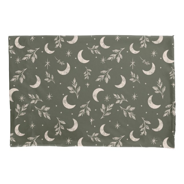 Celestial Crescent & Botanical Foliage Pillow Case (Front)