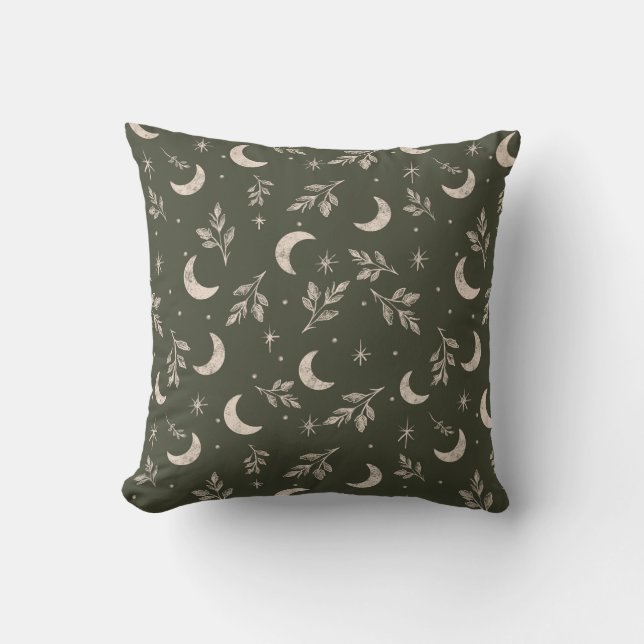 Celestial Crescent & Botanical Foliage Throw Pillow (Front)