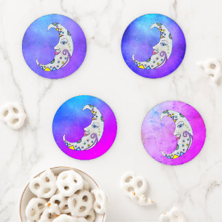 Celestial Crescent Colorful Moon Blue Pinks Purple Coaster Set