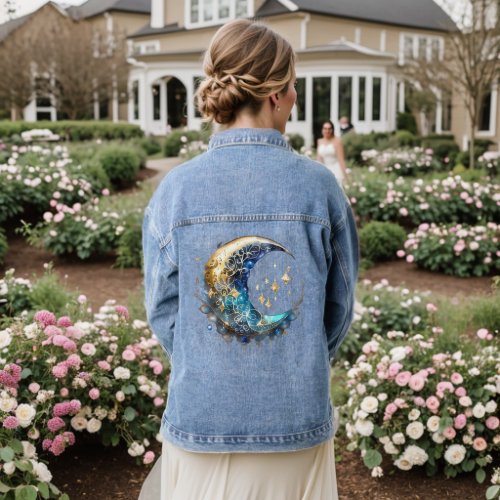 Celestial crescent moon blue gold wiccan chic denim jacket