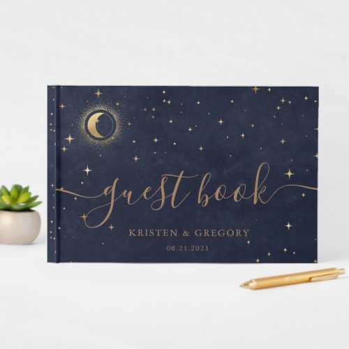 celestial crescent moon blue Wedding guest book