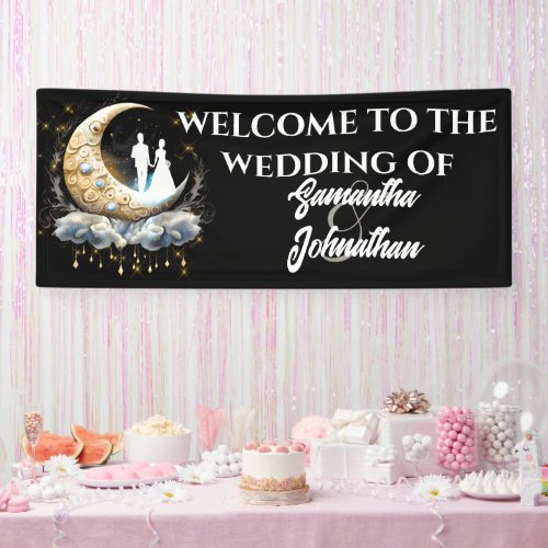 Celestial crescent moon bride groom silhouette  banner