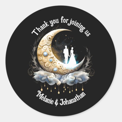 Celestial crescent moon couple silhouette starry  classic round sticker