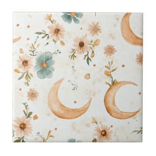Celestial Crescent Moon Floral Gold Glitter Ceramic Tile