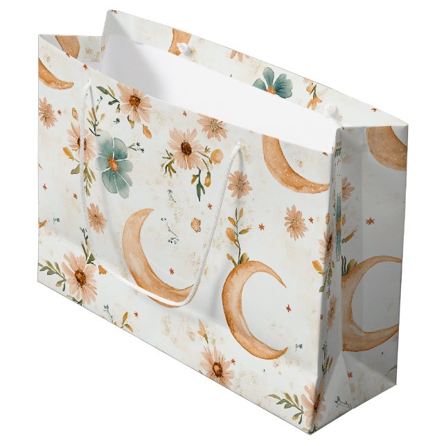 Celestial Crescent Moon Floral Gold Glitter Large Gift Bag (Front Angled)