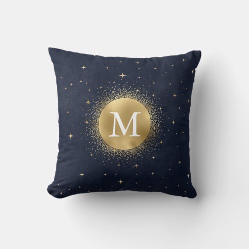 celestial crescent moon gold Monogram Throw Pillow