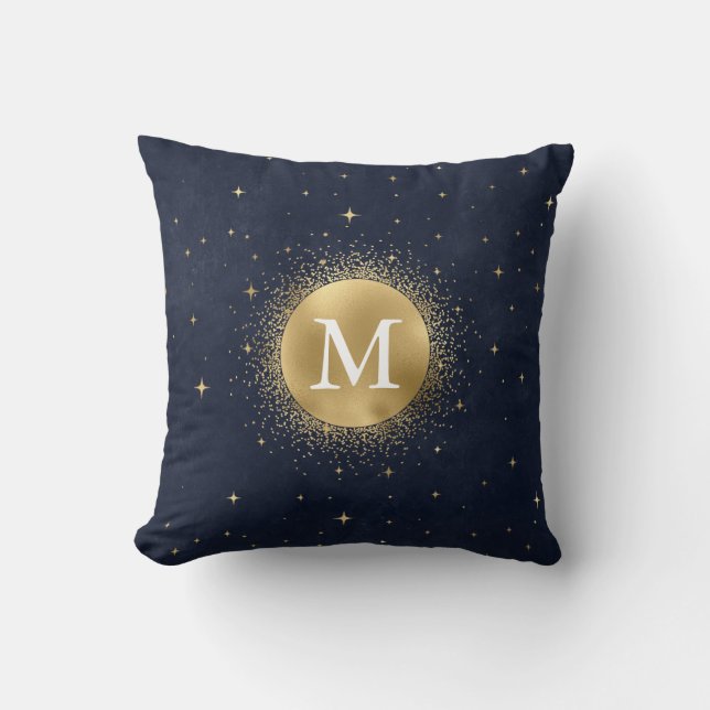 celestial crescent moon gold Monogram Throw Pillow (Front)