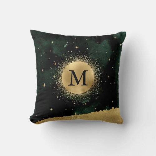 celestial crescent moon gold Monogram Throw Pillow