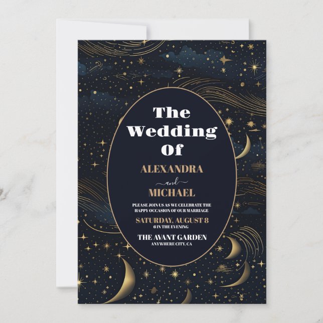Celestial Crescent Moon Gold Wedding Invitation (Front)