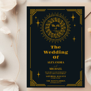 Celestial Crescent Moon Gold Wedding Invitation