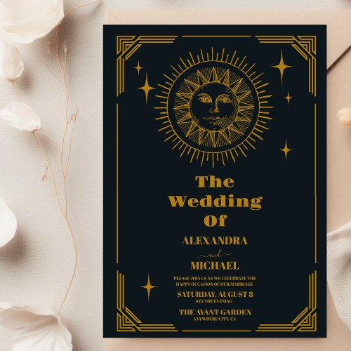 Celestial Crescent Moon Gold Wedding Invitation