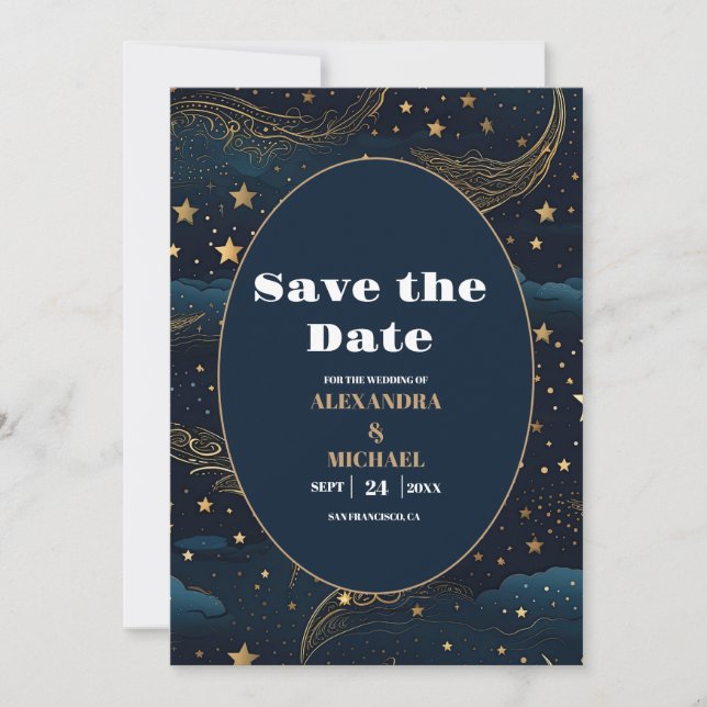 Celestial Crescent Moon Gold Wedding Save The Date (Front)