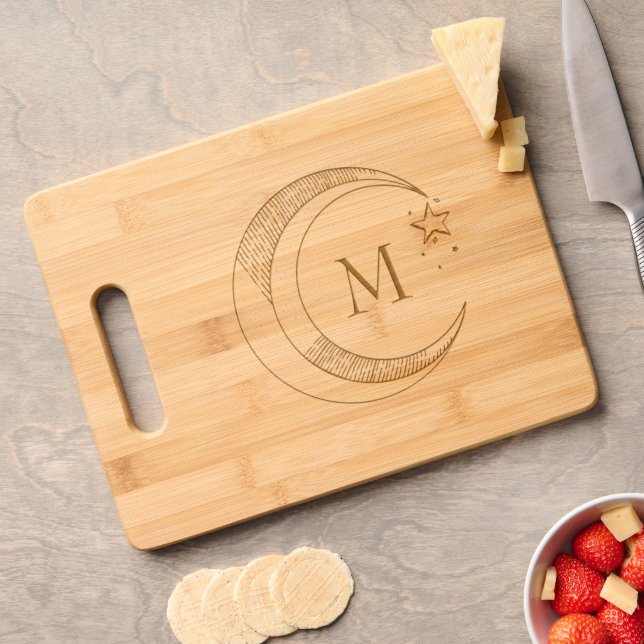 Celestial Crescent Moon Monogram Engraved Cutting Board (Cheese)