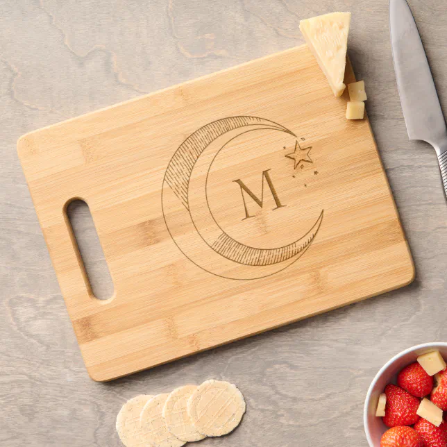 Celestial Crescent Moon Monogram Engraved Cutting Board