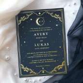Celestial Crescent Moon Navy Blue Wedding Gold Foil Invitation