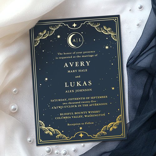 Celestial Crescent Moon Navy Blue Wedding Gold Foil Invitation