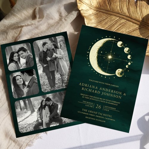 Celestial Crescent Moon Phase Emerald Wedding Gold Foil Invitation