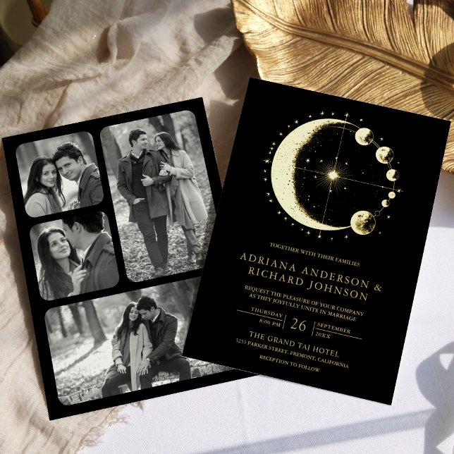 Celestial Crescent Moon Phases Black Wedding Gold Foil Invitation (Creator Uploaded)