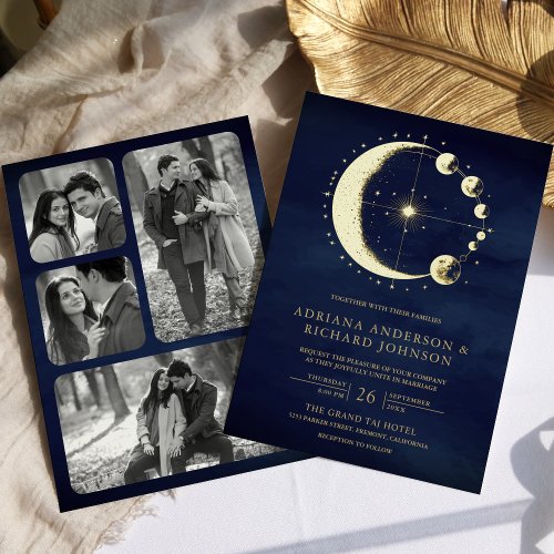Celestial Crescent Moon Phases Blue Wedding Gold Foil Invitation